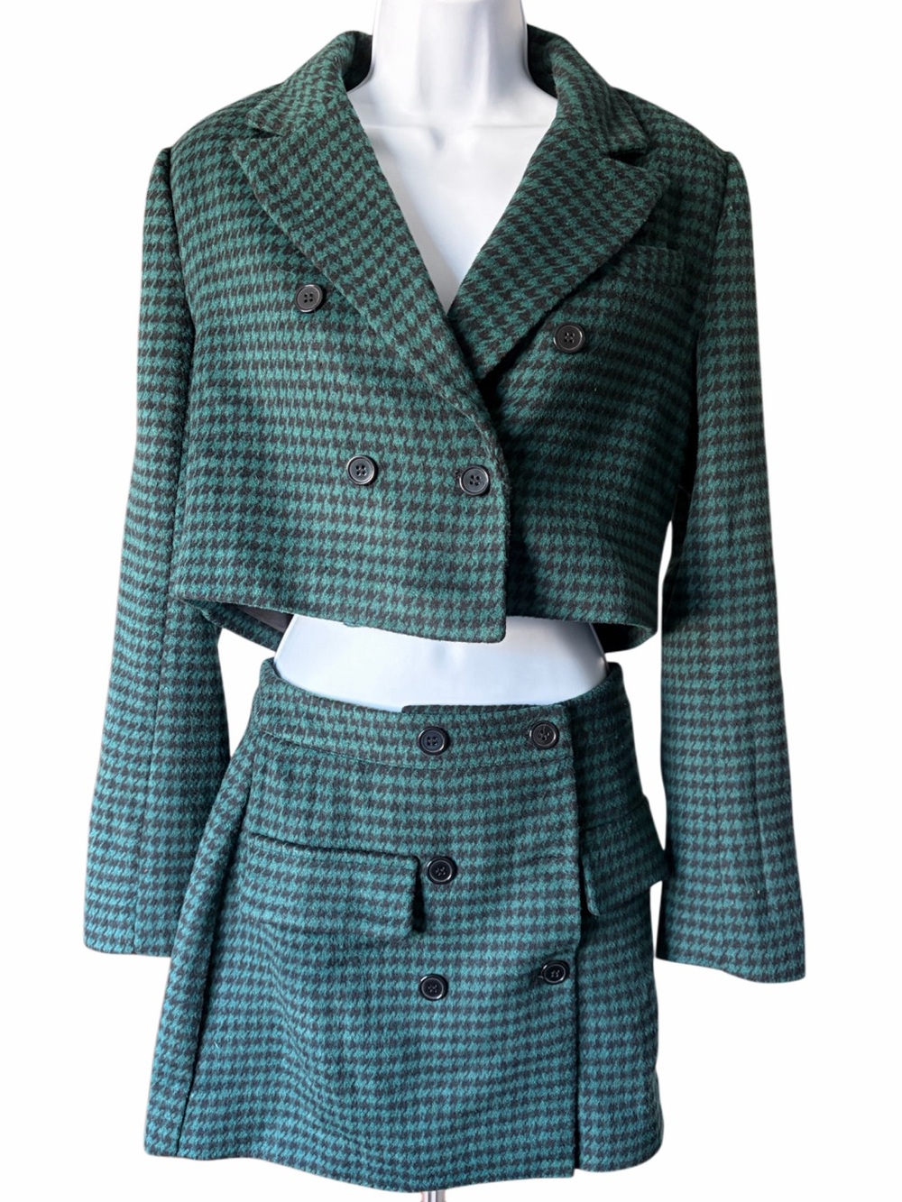 Forever 21 Black and Teal Houndstooth Trim Jacket